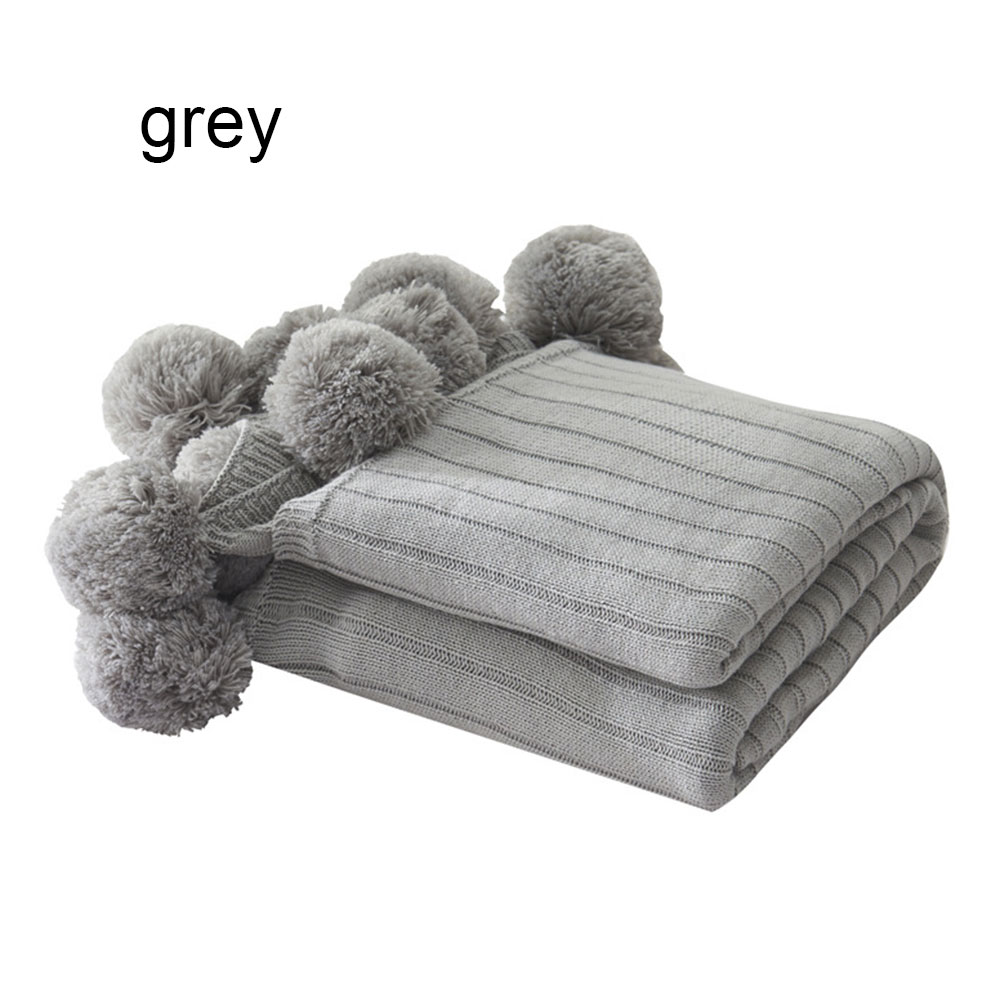 Manta de bola de punto de algodón suave, chal de algodón, accesorios para fotos, manta de sofá, aire acondicionado, decoración de bola pequeña: grey / 100x105CM
