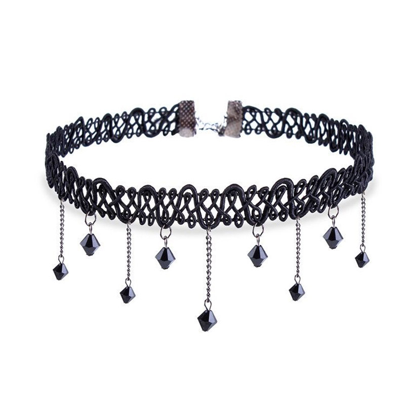 Collar con colgante de cristal negro corto para mujer, gargantilla de encaje tejida con borlas, collar de banda trenzada con cuello bonito y Sexy, adorno para el cuello