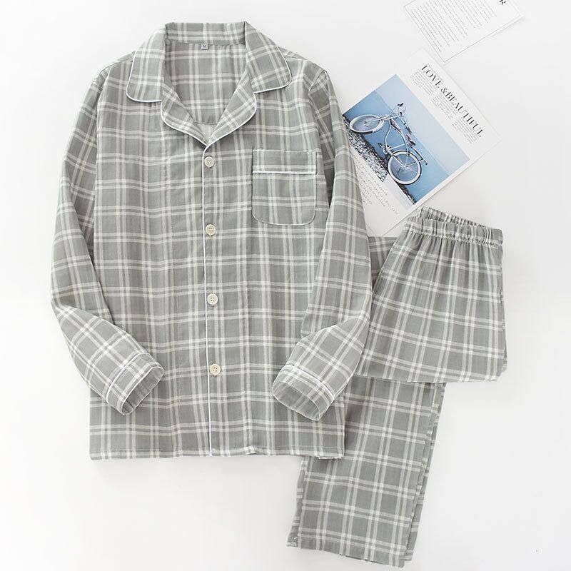 Men's Plaid Pajama Suit 100% Cotton Gauze Thin Casual Pijama Set Long Sleeves Long Trousers Mens Pyjama Autumn Men Sleepwear: Grey / L