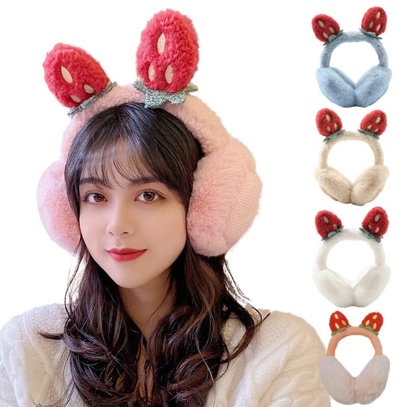 Women Student Winter Fluffy Plush Earmuffs Cute Cartoon 3D Strawberry Ears Earflap Foldable Portable Ear Warmers Covers