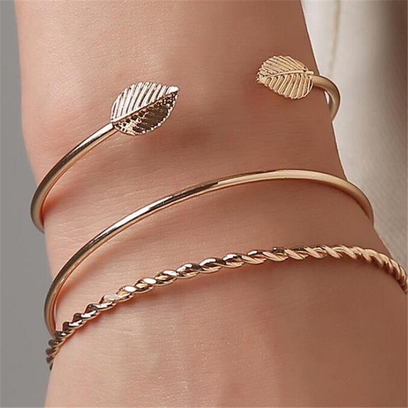 3 Stuk/set Bladeren Geometrische Open Armband Party Gouden Armband Voor Vrouwen Accessoires Europese En Amerikaanse Sieraden