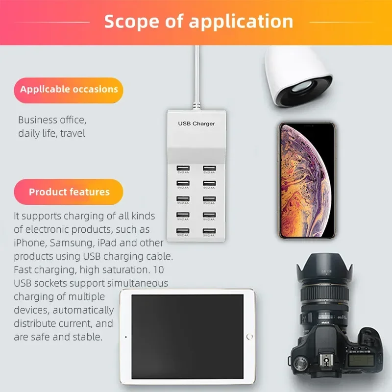 Station de charge USB à 4/10 ports, 50W, 10A, multi-ports, hub USB C, chargeur pour téléphone portable, tablette, prise d'extension multiple
