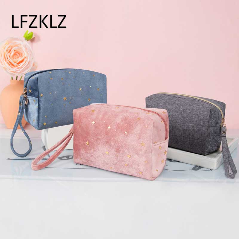 LFZKLZ 1 Pcs Neue Retro Frauen Kosmetik Tasche Zipper Gold Star Samt Make-Up Tasche Weichen Weiblichen Reise Make Up Pouch schönheit Fall