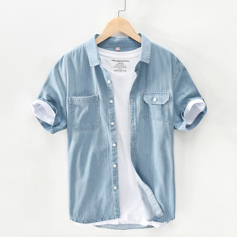 Mænd kortærmede denim skjorter sommer 100%  bomuld bløde casual jeans cowboy skjorte åndbar: Lyseblå / Asiatisk størrelse xxxl