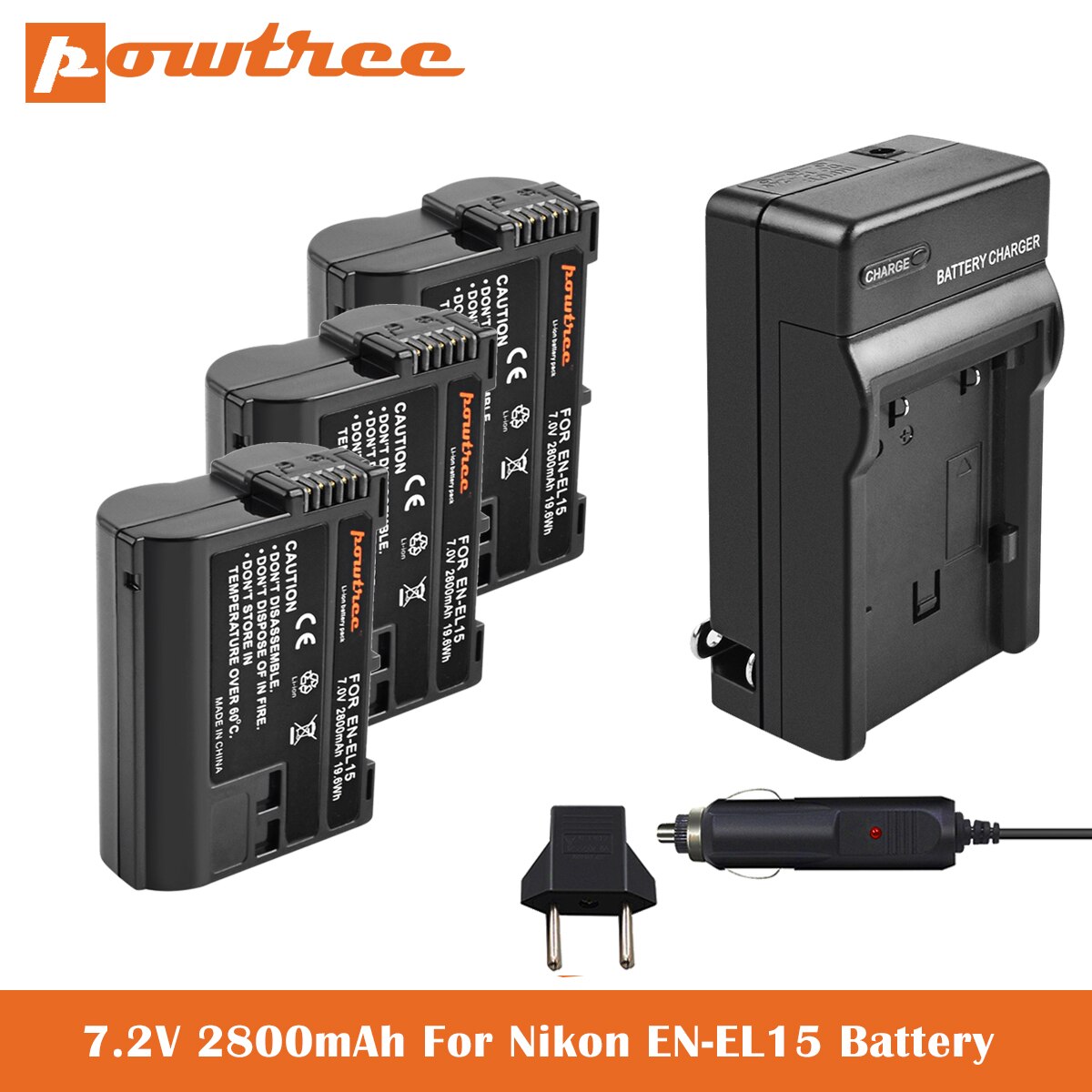 2800mAh EN-EL15 Batterie + Chargeur Pour Nikon D850 D7500 D7000 D7100 D7200 D800 D800E D810 D810A D750 D600 D610 Appareil Photo REFLEX Numérique: 3X Battery-Charger