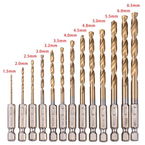 Jeu de mèches de forage en acier à haute vitesse revêtu de titane, tige hexagonale 1/4 de 1.5 à 6.5mm, outil de forage en métal à changement rapide pour le travail du bois 13 pièces