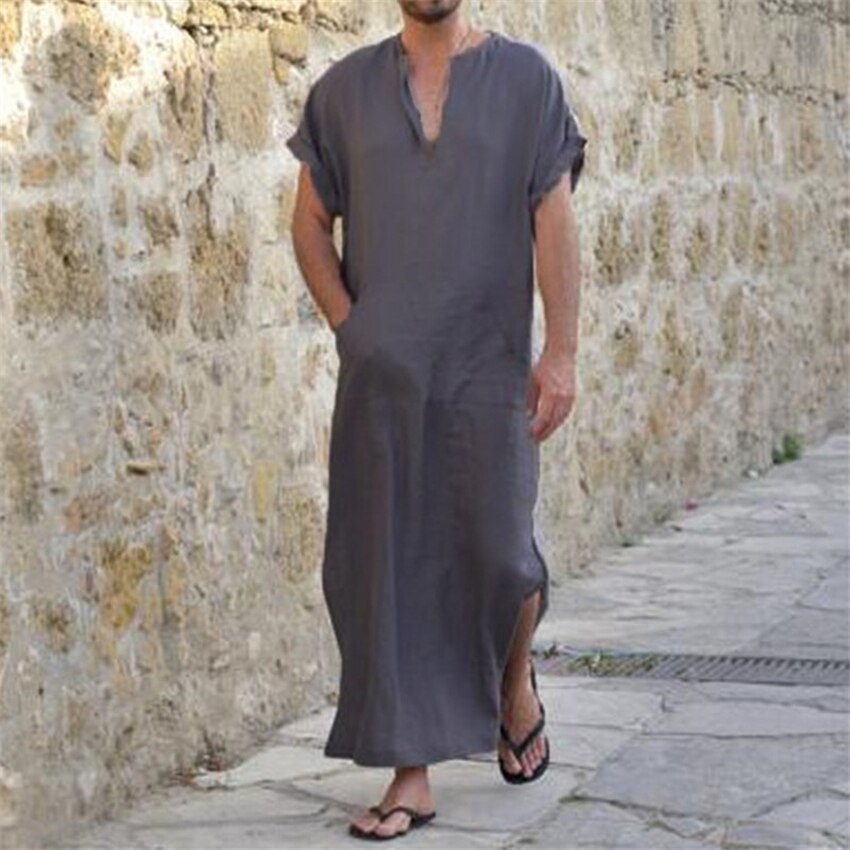 Saudi Arab Dubai Man Muslim Kaftan Thobe Middle East Turkish Islamic Traditional V-neck Jubba Robes Vintage Long Shirt