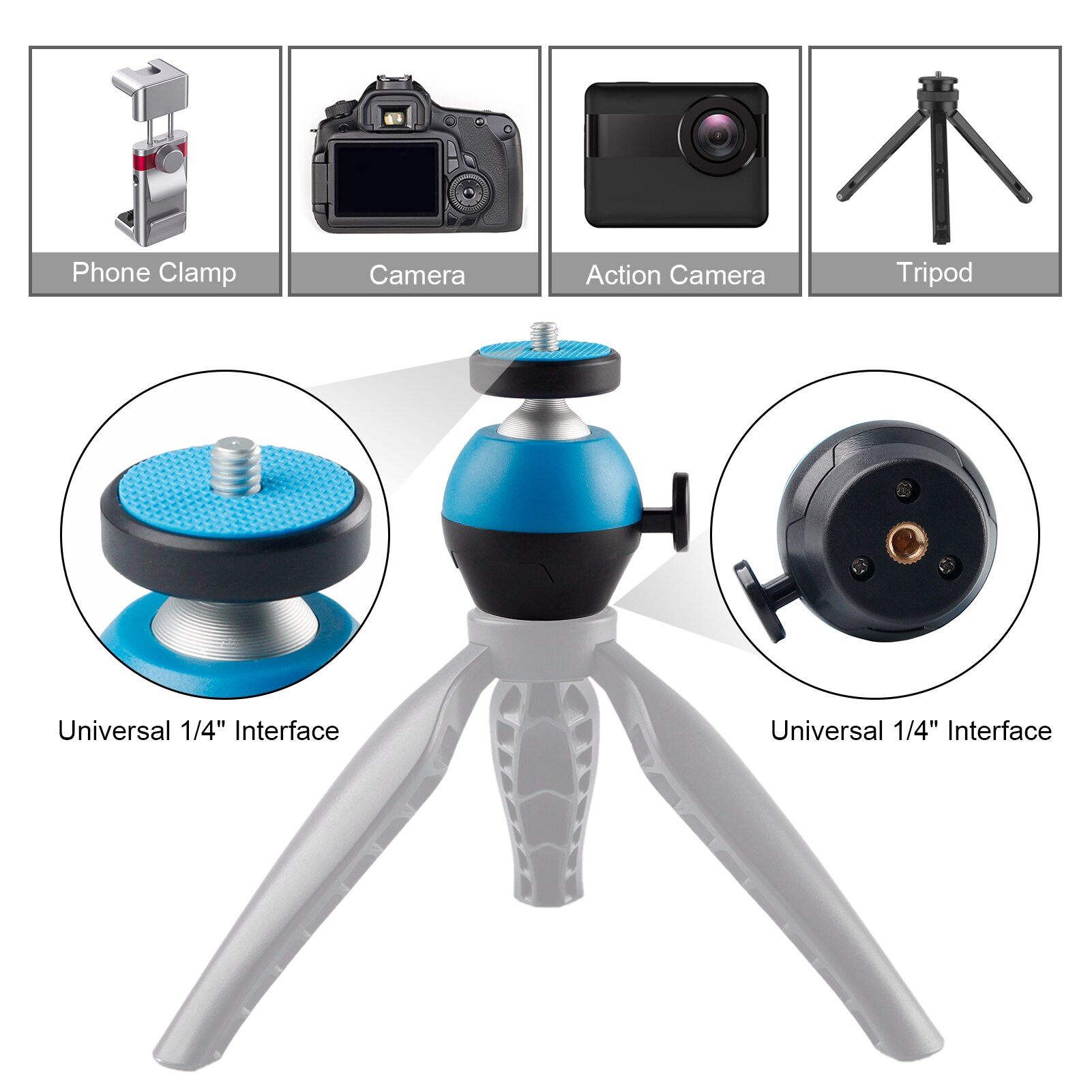 Mini Ball Head Camera Tripod Mount CNC Technology 360 Degree Swivel w/ Universal 1/4-inch Interface for DSLR SLR Tripod Mounting