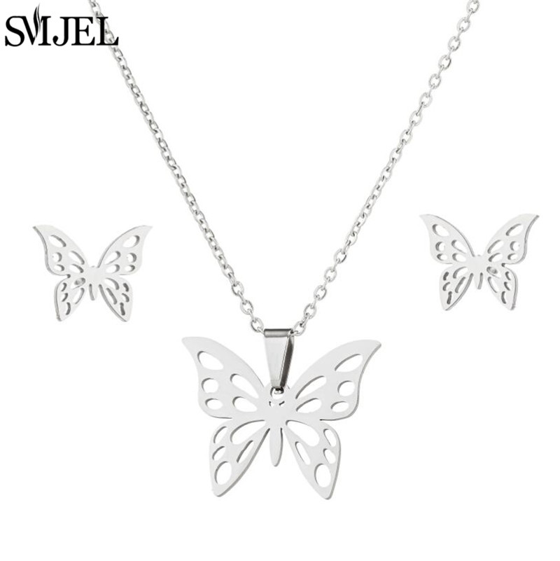 Juegos de joyas para mujer de mariposa de acero inoxidable de estilo coreano, collar con colgante de insecto y abeja de dibujos animados, de boda para playa de verano para niñas