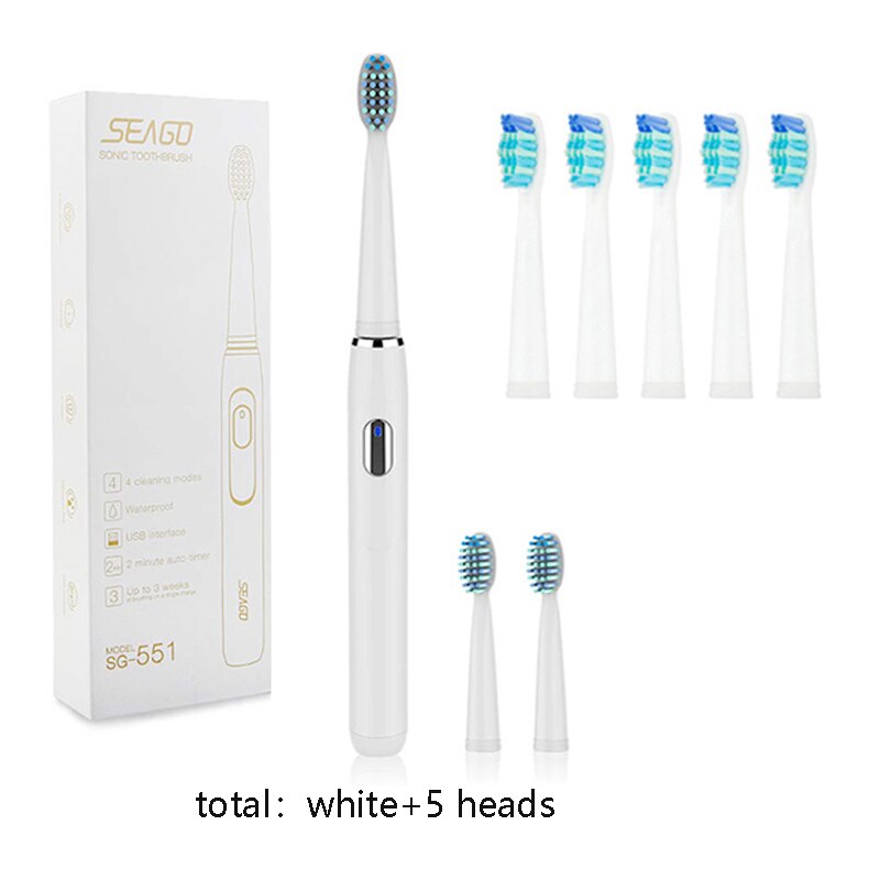 Seago elektryczna soniczna szczoteczka robić zębów SG-551 z wymianą głowice szczotek 4 tryby czyszczenia jedna kluczowa operacja dźwiękowy wibracja wodoodporny Szczotka: biały i 5 heads
