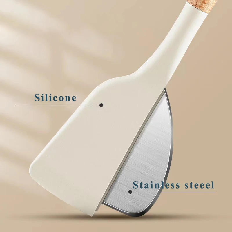 3PCS Set of Kitchen Utensils Wooden Handle Silicone Cooking Utensils Non Stick Shovel Cooking Utensils Rice Scoop Baking Tools