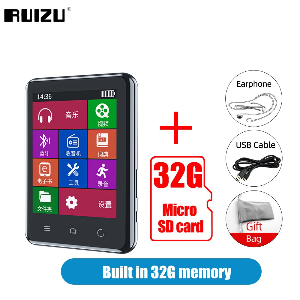 RUIZU-reproductor MP3 D66 con Bluetooth, pantalla táctil de 2,8 pulgadas, vídeo MP4, Hifi, para deportes al aire libre, con grabadora de libros electrónicos: 32G Add 32G TF card