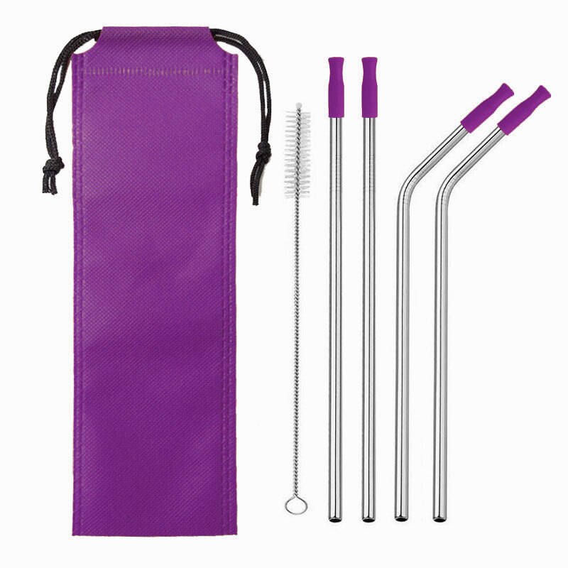 304 Stainless Steel Metal Straws Drink Cocktail Color Silicone Head Straw Travel Portable Set: Set 10