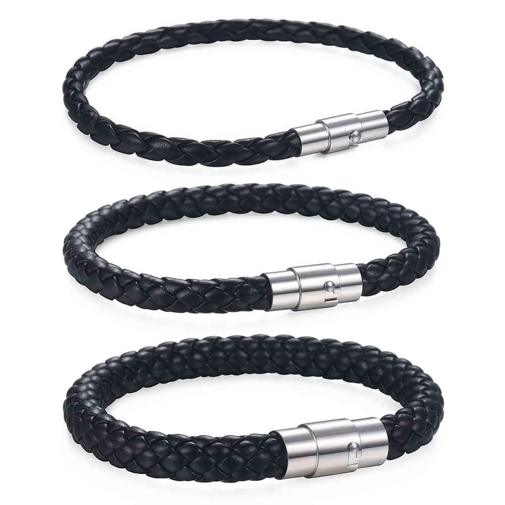 Davieslee 4/6/8mm Leather Bracelet For Men Black Braided Rope Stainless Steel Clasp 20/23/25cm Men's Bracelet DLBM118
