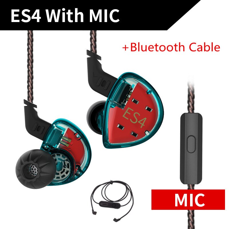 KZ ES4 1BA+1DD Hybrid In-ear Earphone Hifi Dynamic Driver Noise Cancelling Headset Replacement Cable AS10 ZSX ZSX ZST ES3 ZSN: cyan Mic BT