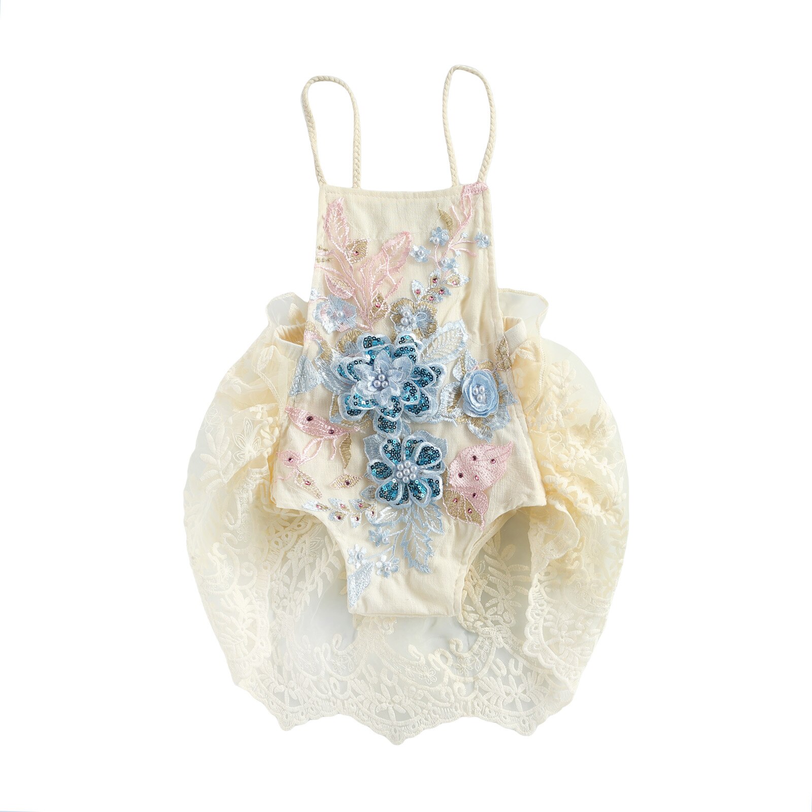 0-24m Baby-mädchen-jungen-strampler, einteilig, mit blumenmuster, spitze, perlenprint, ärmellos, rüschen: Blau / 18m