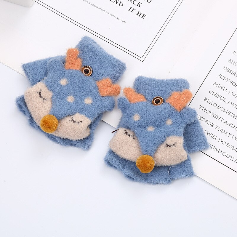 Winter Kinderen Jongens En Meisjes Baby Warm Herten Flip Half Vinger Warme Gebreide Wollen Handschoenen 2ST2: Light blue