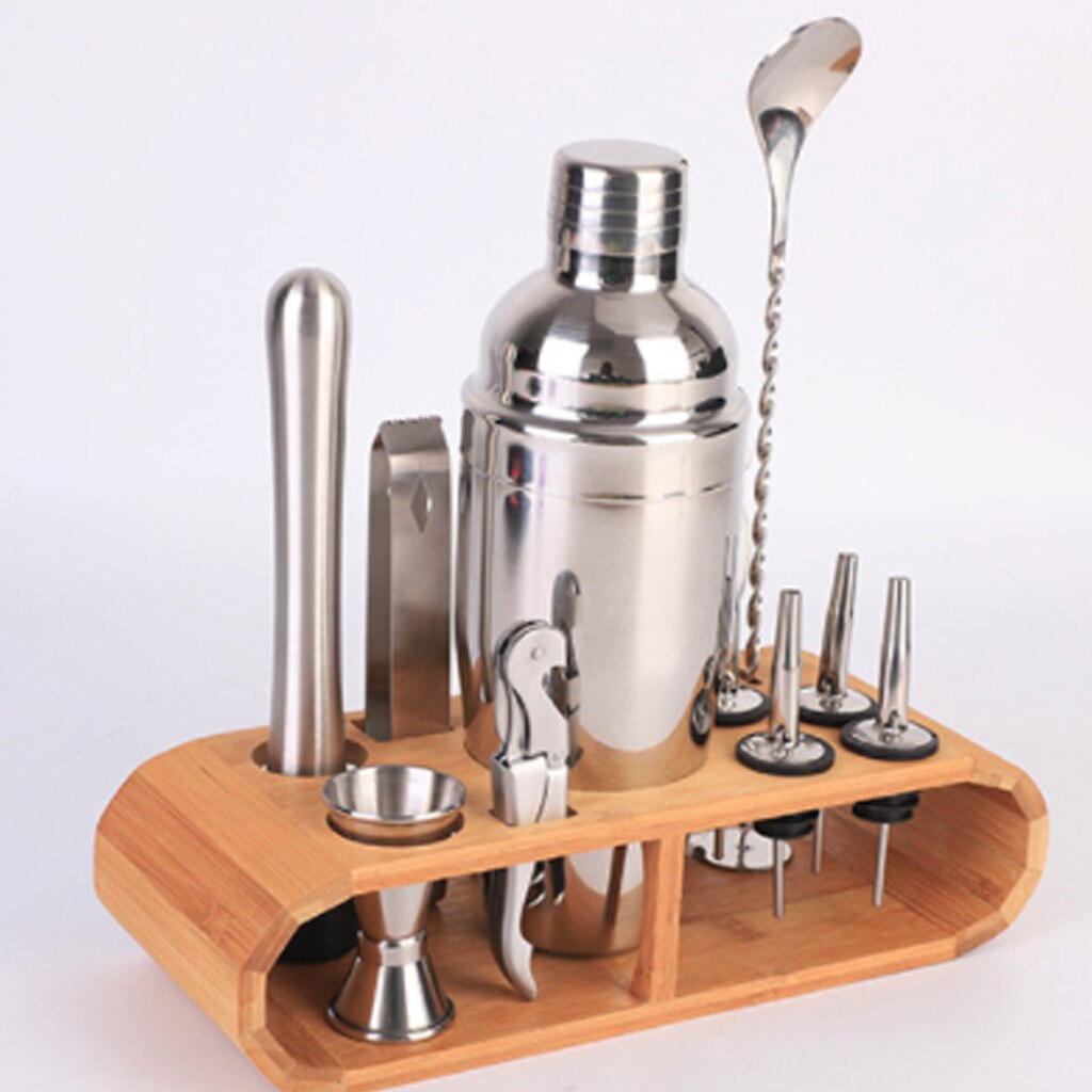 12Pcs/Set Cocktail Shaker Set Bartender Kit With Wooden Stand Drinks Strainer Bottle Opener Maker Mixer 750ML Kit Home Bar Party
