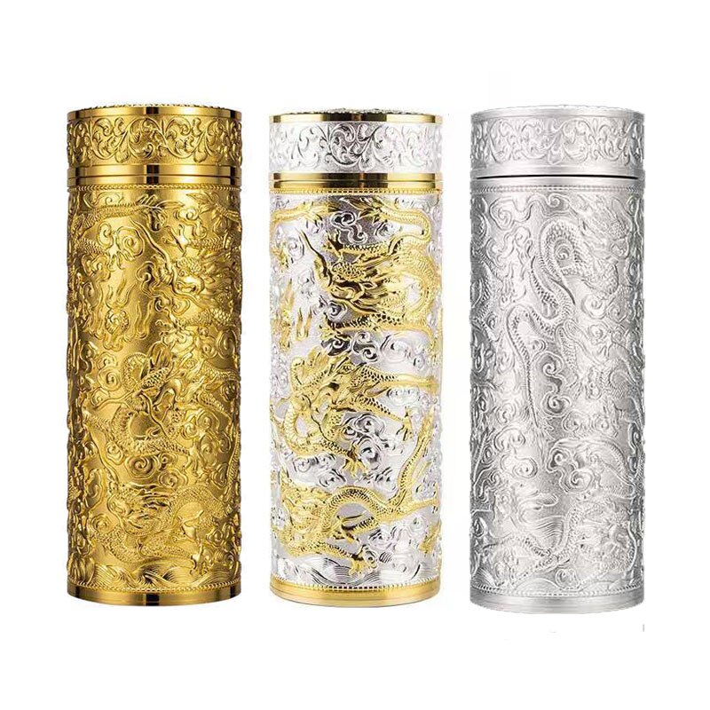 Silver Inner Liner Thermos Bottle Chinese Style Dragon Pattern Water Bottle Insulated Thermos Flask For Camping Business