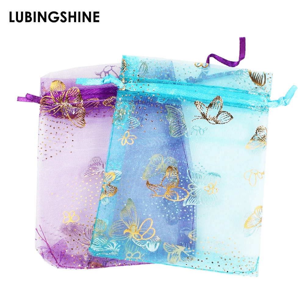 50 sztuk/partia hurtownie 9*12cm boże narodzenie ślub woal prezent torba motyl organzy torba biżuteria pakowania sznurek etui dekoracji