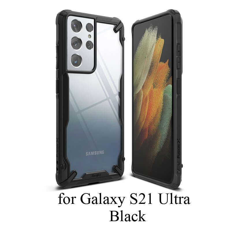 Ringke-funda Fusion X para Galaxy S21, Ultra transparente, trasera, Flexible, marco de TPU, híbrida, antigolpes, con agujero de patio: Black for S21 Ultra