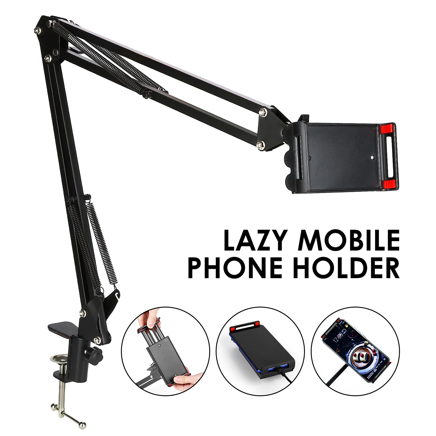 Long Arm Stand for iPhone iPad Samsung 360 Degree Rotation Bed Desk Tablet Mount Holder for 6 to 11inch Mobile Phone Tablet
