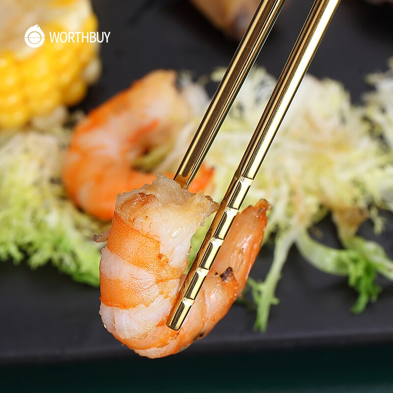 Worthbuy 5 par guldhalkiga ätpinnar 18/8 ätpinnar i rostfritt stål för sushi hashi matpinnar återanvändbara ätpinnar
