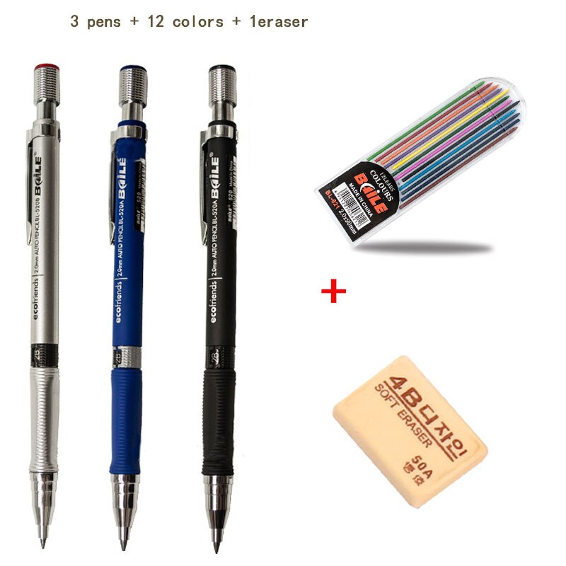 Writing Point 2.0mm Automatic Pencil Drawing Painting Mechanical Pencil Black/Colorful Refills School Office Stationery: set 4