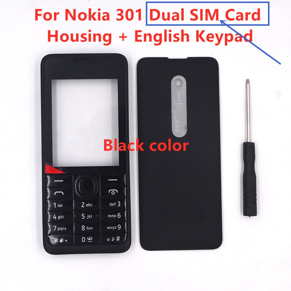 HKFASTEL 301 Housing For Nokia 301 Single Dual SIM Card Mobile Phone Cover Case + English Russian Arabic Keypad + Tool: Black Dual English