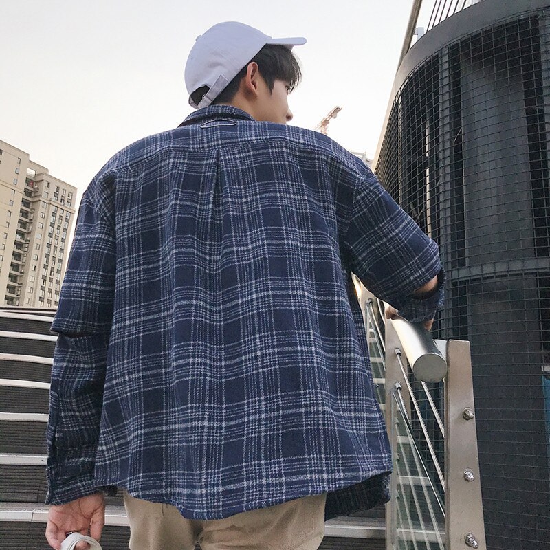 spring and autumn long-sleeved shirt male loose Korean casual couple tide brand woolen plaid shirt jacket