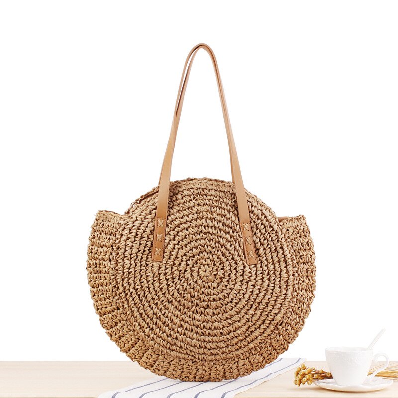 Zomer Ronde Stro Tassen Voor Vrouwen Rotan Schoudertas Handgemaakte Geweven Strand Handtassen Vrouwelijke Bericht Handtas Totes Bag: Beige