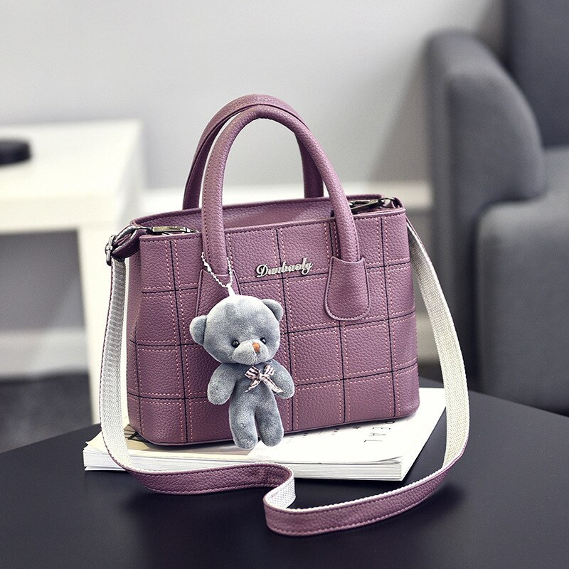 Sac à main en cuir Pu pour femmes, fourre-tout à motif à carreaux, petit sac à bandoulière, fourre-tout de dessin animé ours,