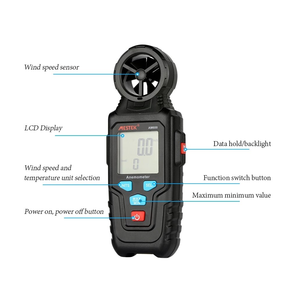 Digital Anemometer Handheld Display Air Flow Wind Speed Meter for Measuring Wind Speed Temperature and Wind Chill - AM600