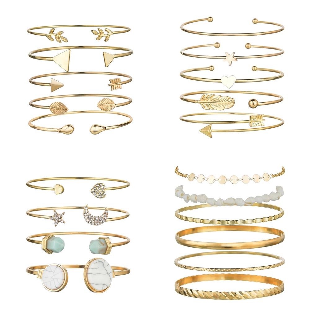 5 Stks/set Mode Bohemen Leaf Heart Moon Star Manchet Bangle Voor Vrouwen Eenvoudige Goud Kleur Geometrische Open Bangle Armbanden Sieraden