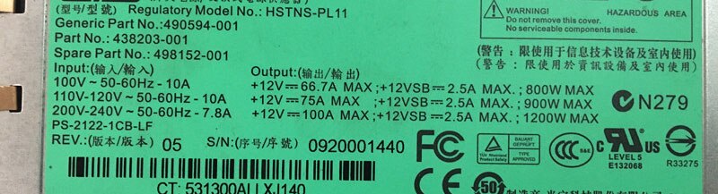 DL580G7 438203-001 490594-001 498152-001 HSTNS-PL11 1200W Server power supply text working