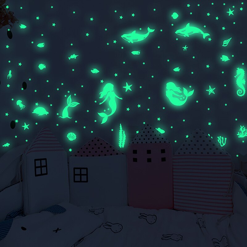 Luminous Wall Decal Mermaid Sea World PVC Stickers Glow in the Dark Wall Art for Home Window Wall Decals Home Decorations