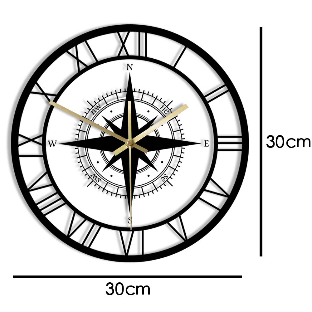 Zwarte Wind Rose Kompas Exclusieve Stille Wandklok Richting Kaart Nautische Huisinrichting Reiziger Interieur Retro Muur Horloge