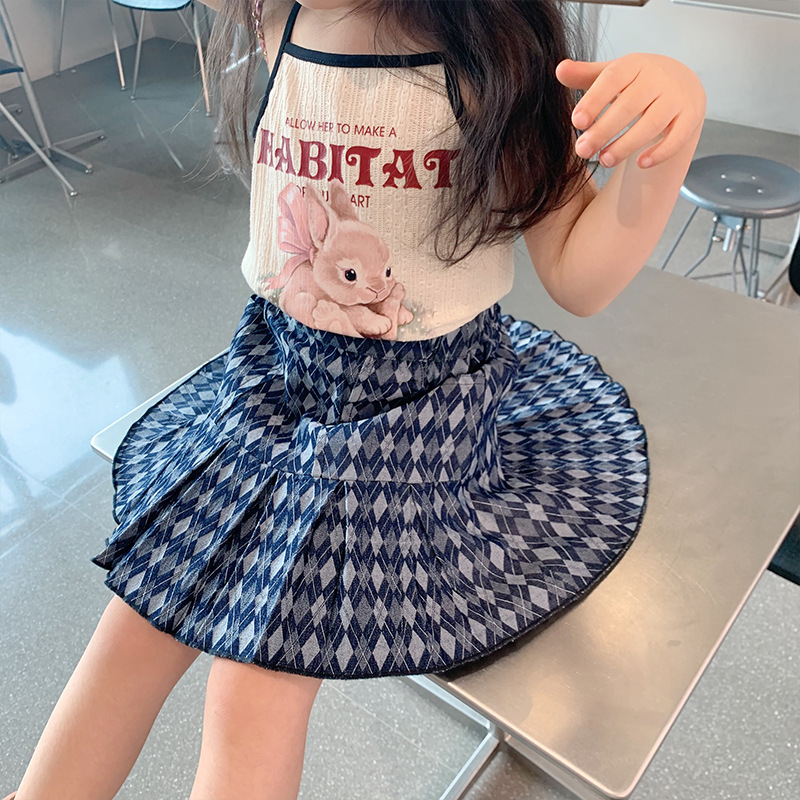 Children's Denim Skirt Girls Spring Summer Korean Plaid Short Skirt Trend