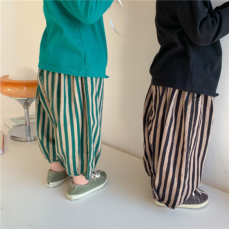 2022 Spring Kids cotton linen loose bloomers Children vertical stripe trousers