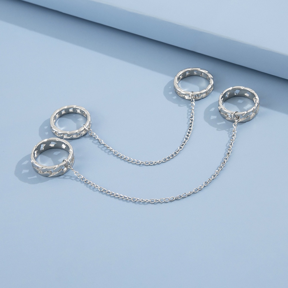 2 Stks/set Punk Lange Kwast Ketting Ringen Voor Vrouwen Hip Hop Mannen Zilver Kleur Hollow Geometrische Paar Ring Set Mode partij Sieraden