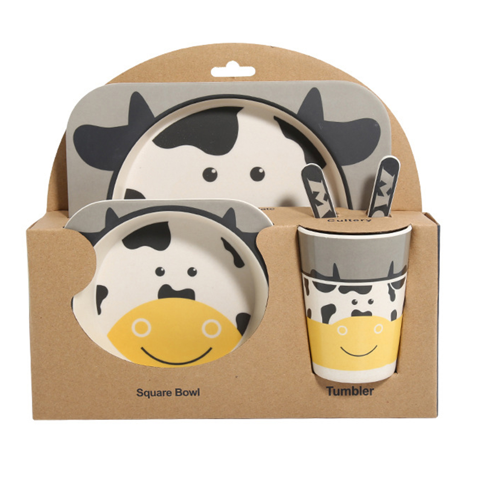 5pcs/sets Baby Dish Tableware Set Natural Bamboo Fiber Bowl With Cup Spoon Plate Fork Feeding Dishes for Kids Utensils: Gray