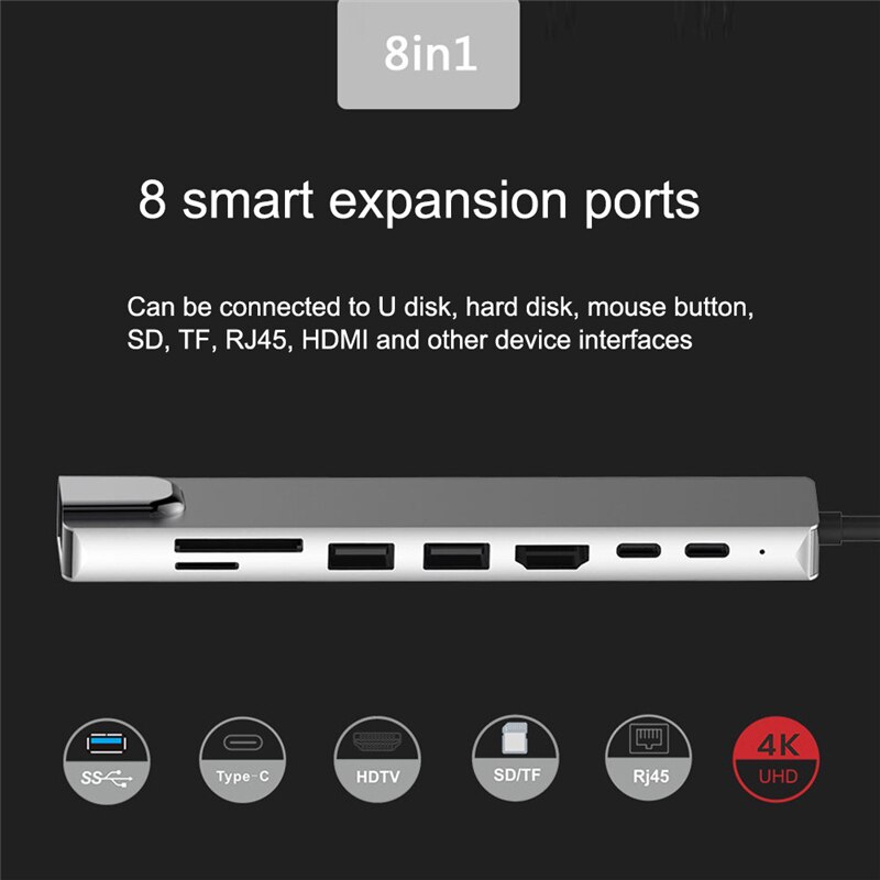 8 In 1 USB-C Docking Station Multi-Port Hub 4K RJ45 Kartenleser Adapter Expander Lade Für Laptop PC Notebook für Mac