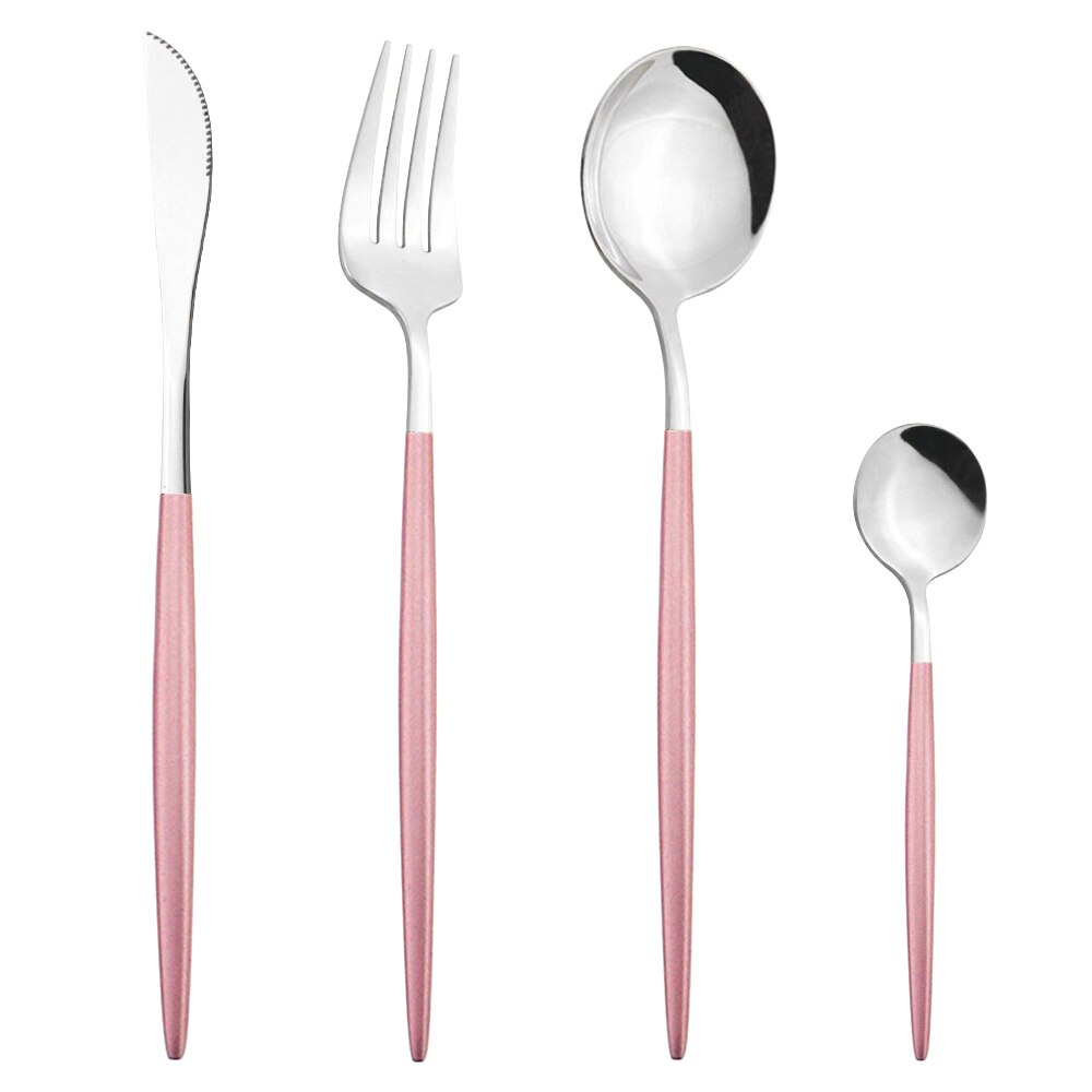Schwarz Silber Besteck Set Abendessen Messer Dessert Gabel Löffel Stäbchen Geschirr Set Edelstahl Besteck Küche Geschirr: 4Pcs Pink Silver