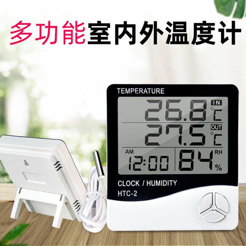 HTC-2 Lcd Digitale Temperatuur Vochtigheid Meter Indoor Outdoor Hygrometer Thermometer Weerstation Met Klok