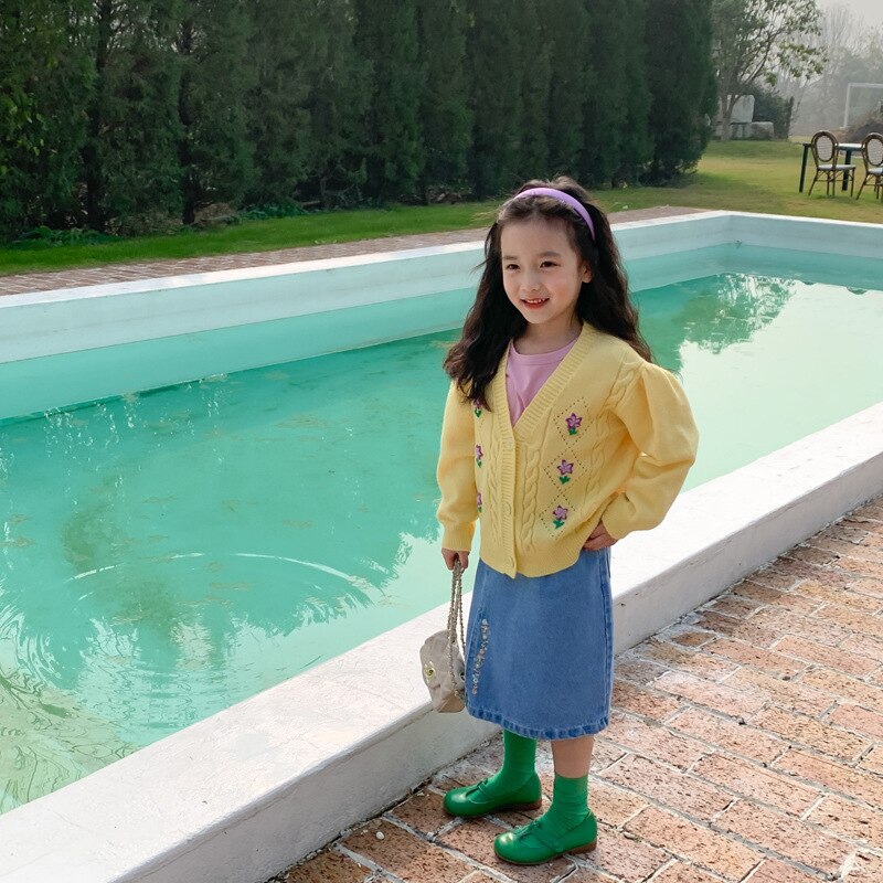 2022 Lente Kinderkleding Koreaanse Meisje Slant Knoopsluiting Geborduurd Denim Rok