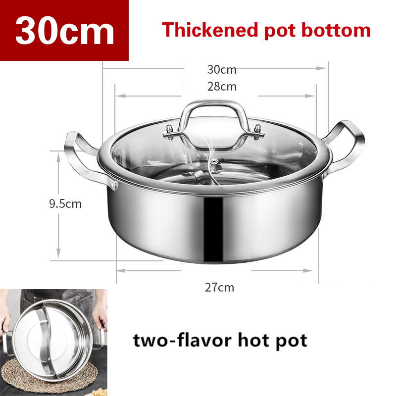 Thickened 304 stainless steel two flavors hotpot special pot for induction cooker pots for cooking soup dumpling noodles pot: 30cm Thick bottom