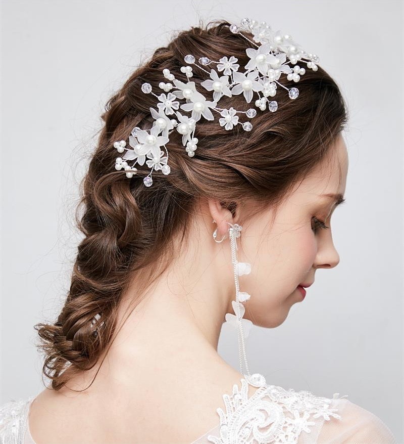 Belo arylic flor headwear Faixa de Cabelo Acessórios Do Cabelo Do Casamento pérolas de Imitação Elegante Handmade Longo de Noiva Headband do