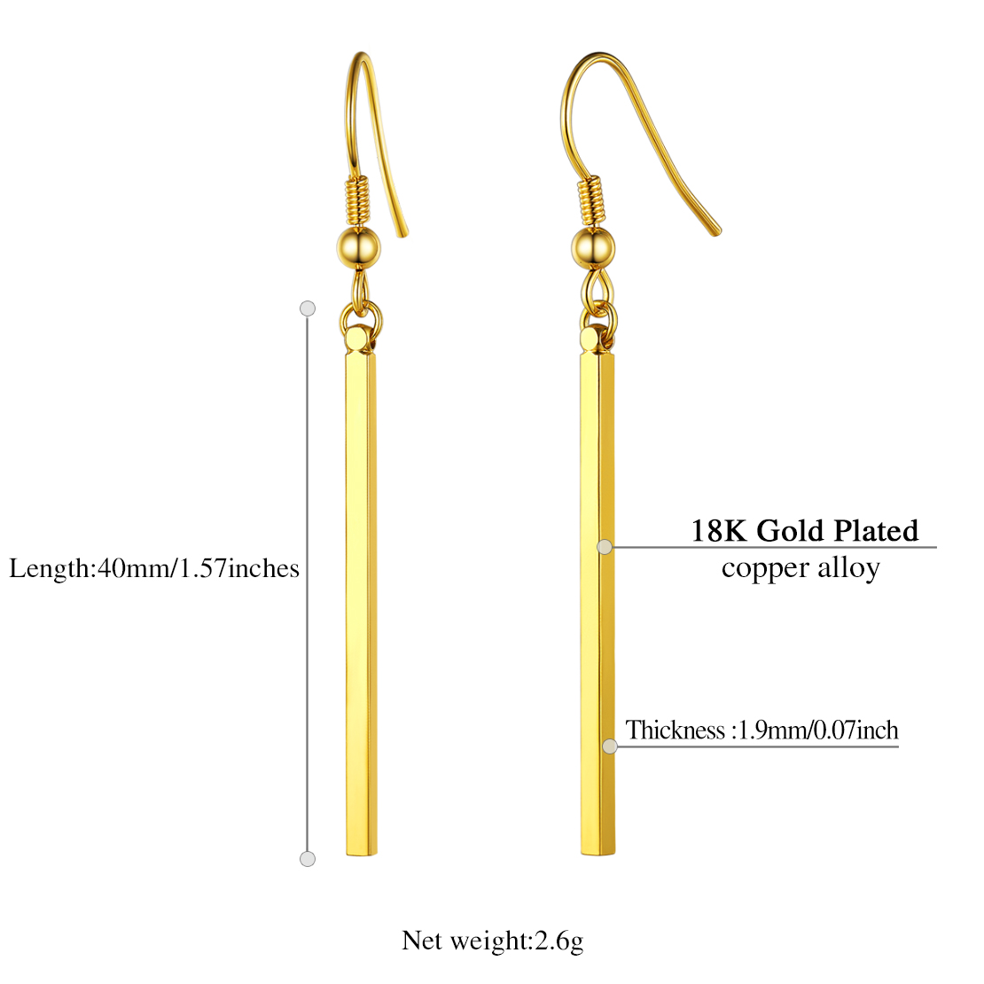 U7 Vertical Bar Earrings for Man Women Hypoallergenic Piercing Hook Hoop Bar Stripe Dangle Earring Daily Stylish Jewelry: BRONZE