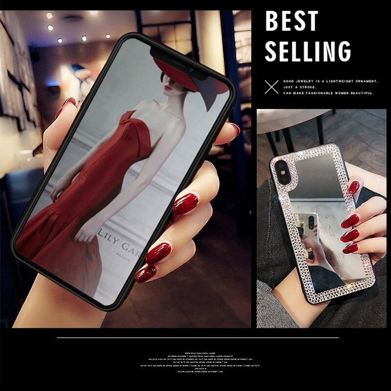Luksus rhinestone diamant spejl telefon etui til iphone 13 11 pro max x xr  xs 12 blødt stødsikkert cover cover til iphone 7 8 plus