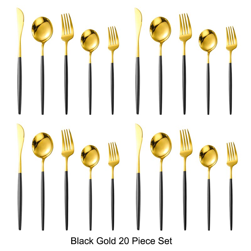 20 pièces or noir ensemble de couverts ensemble de vaisselle 18/10 acier inoxydable couteau Dessert fourchette cuillère vaisselle argenterie directe: Black Gold